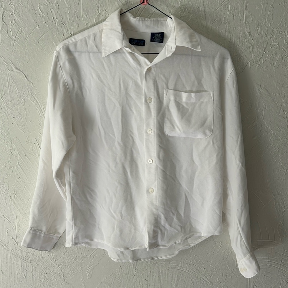 Boys white collared textured button down long sleeve shirt